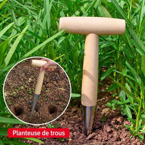 Plantoir perforateur de jardin en T avec manche en bois pour semis repiquage et fertilisation 200 g – Livraison gratuite (1/5)