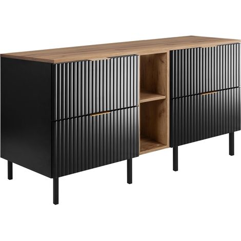 Mobile lavabo, Nero / Rovere Craft + maniglia dorata, 140 ( 2 x 60 + 20) x 77 x 46 cm + Piano, piedi neri (1/5)