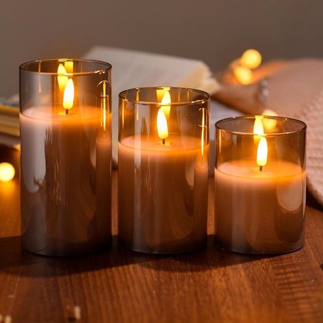 Bougies en verre LED à piles avec télécommande et minuterie, en cire véritable, émettent une lueur chaude et scintillante - Grijs (1/5)