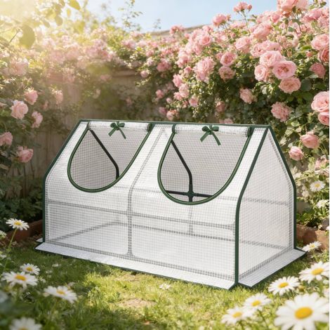 Invernadero de jardín (120x60x60 cm), para balcón y terraza, con 2 ventanas enrollables, PE blanco, acero (1/5)