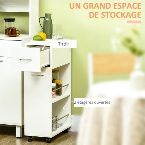 Chariot de cuisine roulant avec 1 tiroir et 2 étagères, structure en bois blanc, 25x50x85cm, roues pivotantes avec freins pour rangement compact (1/5)