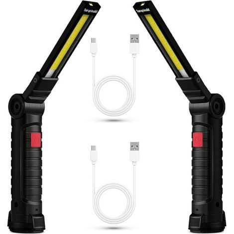 2x Lampe Lampe de Travail LED Rechargeable, Baladeuse Magnétique COB, Torche USB Puissante 5 Modes, Éclairage d'Inspection Auto, Lampe de Camping 360° avec Base Aimantée, Atelier/Garage/Urgence (1/4)