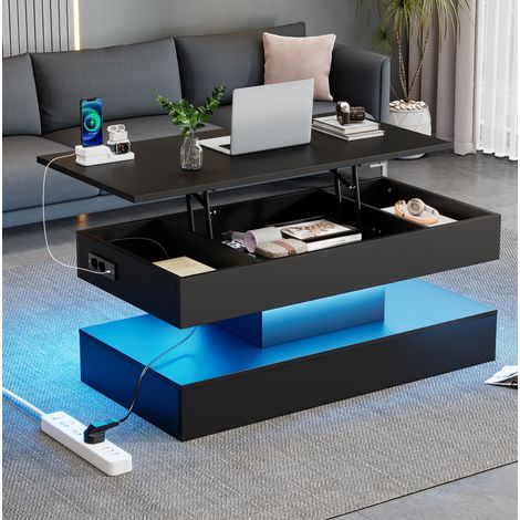 Tavolino sollevabile con LED, vano nascosto e prese UE, 100 x 50 x 42 cm, 50 kg, nero HAVRYA (1/5)