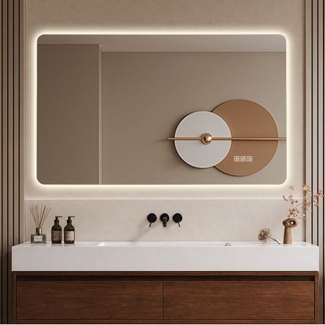 REDOM - Specchio da bagno LED, retroilluminato, antiappannamento, 3 colori di luce, luminosità regolabile, vetro e metallo argento (1/5)