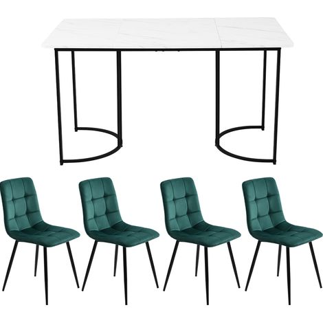 Set pranzo 5 pezzi tavolo 140x80 cm bianco marmo con 4 sedie in velluto verde (1/5)