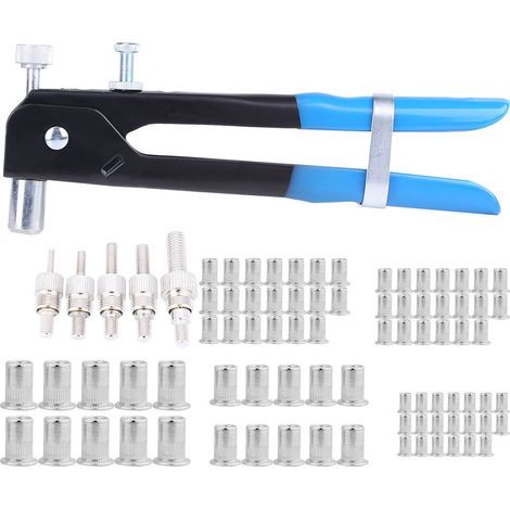 Kit de rivetage M3-M8 comprenant 86 écrous à sertir aveugles, inserts filetés et pistolet à riveter. (1/5)