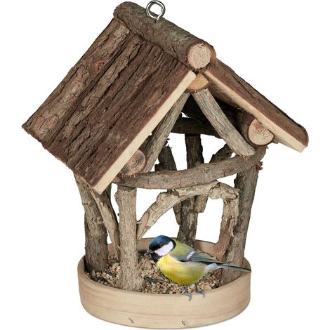 Relaxdays Mangiatoia per Uccelli, Casetta da Appendere in Legno Dispenser Mangime da Esterno, 22,5x17x13,5 cm, naturale (1/5)