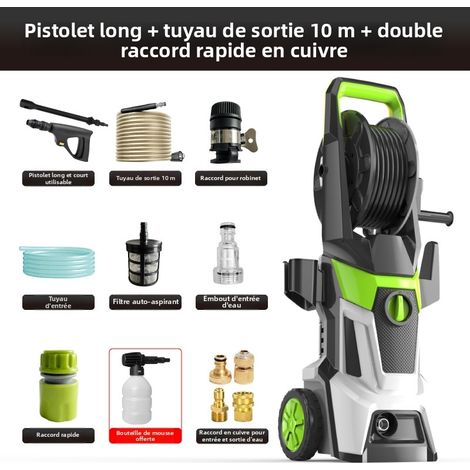 Nettoyeur Haute Pression, Nettoyeur Haute Pression Portable, 1800W / 140Bar / 7L/min, pour La Voiture, Maison, Terrasse, Jardin, Vert,Green,Avec raccords d'entrée et de sortie d'eau (1/4)