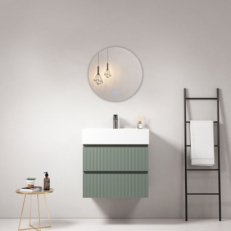 Mobile bagno sospeso cannettato 60 cm Verde Salvia Lavabo in Resina Specchio Tondo - Fiji Paint (1/4)