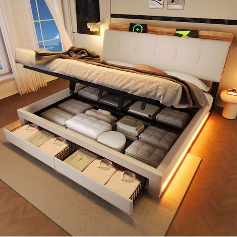 Lit adulte rangement 180x200 lin beige USB TypeC LED HAVRYA (1/5)
