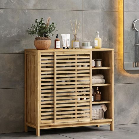 Meuble bas de salle de bain en bambou naturel et MDF 80 x 34 x (1/5)