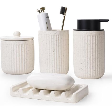 Ensemble Salle de Bain 4 Pièces en Céramique – Distributeur de Savon 350ml, Gobelet, Porte-Savon, Pot à Coton – Design Moderne (Beige, Distributeur de Savon Liquide) (1/5)