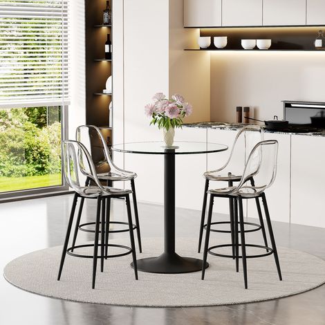 Set bar 89 cm avec table ronde en verre et 4 tabourets transparents, noir, REDOM (1/5)