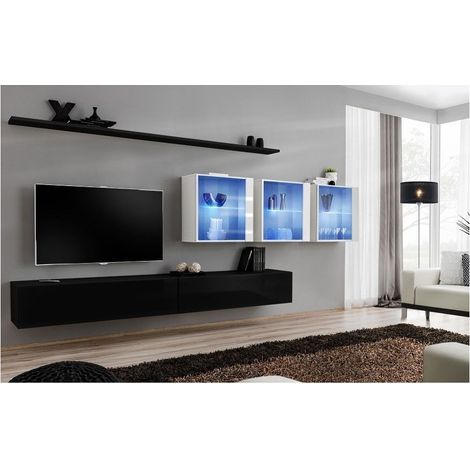 Ensemble meuble TV mural  - Switch XVII - 340 cm x 150 cm  x 40 cm - Noir et blanc - Livraison gratuite