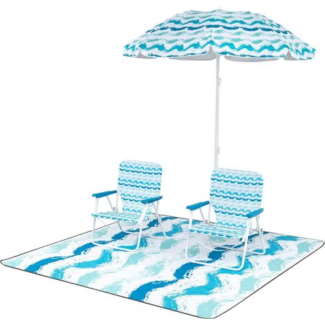 GOPLUS Lot de 4 Salon de Jardin 2 Personnes, Chaise Camping Plage Exterieur avec Parasol Plage, 1 Tapis, Portable Pliante, Sac de Transport, Ancre de Sable, Abri de Soleil pour Plage, Camping, (Bleu) (1/5)