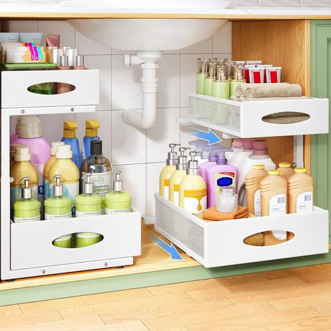 Organisateur Sous Évier Coulissant à 2 Niveaux avec Paniers en Maille Grande Capacité, Étagère de Rangement Réglable en Hauteur en Forme de L pour Cuisine, Salle de Bain et Buanderie, Lot de 2, Blanc