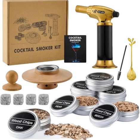 Kit de Fumage de Cocktail, 6 Copeaux de Bois, Pierres à Whisky, Cuillère, Pince à Glace, Tailles Assorties (1/5)