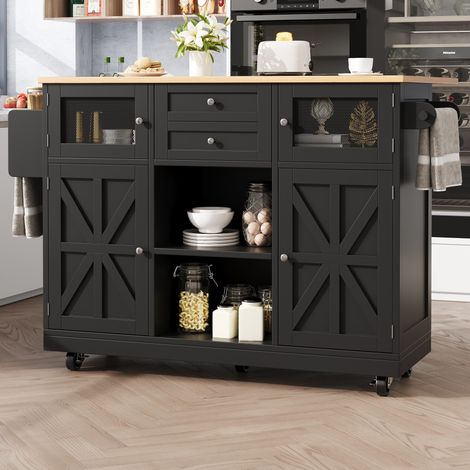 Carrello da cucina su ruote 140x40x93,5 cm, con vassoio ribaltabile, 2 cassetti, portasciugamani, in MDF e metallo, nero (1/5)