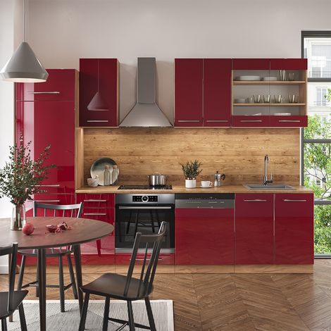 Mueble de cocina Fame-Line, Burdeos brillo intenso/roble dorado, 300 cm sin encimera, Vicco (1/5)
