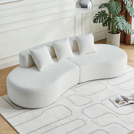 Canapé d’angle incurvé tissu bouclé 3 places compressible design moderne confortable salon appartement montage facile