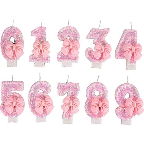 Zahlenkuchen-Dekoration Kerzen süße rosa Schleife Baby Mädchen Geburtstag (1/5)