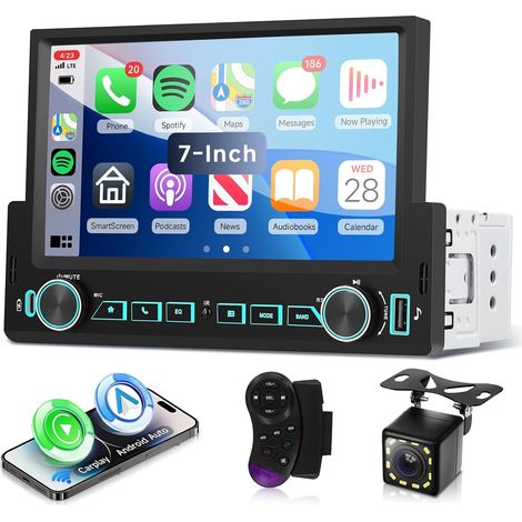 Autoradio 1 Din avec Carplay Android Auto sans Fil, 7 Pouces HD Écran Tactile Poste Radio Voiture Soutien Bluetooth 5.2 Radio FM EQ USB/Type-C Mirror Link SWC Télécommande Caméra de Recul (1/5)
