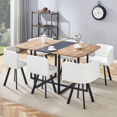 Ensemble repas extensible avec table effet bois et structure métal noir, chaises gain de place pour 4 à 6 personnes (1/5)