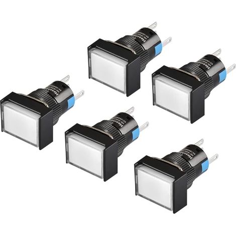 Interrupteur à bouton poussoir rectangulaire 16mm, 1NO 1NC, blanc, à verrouillage, lampe LED 220VAC, 5pcs