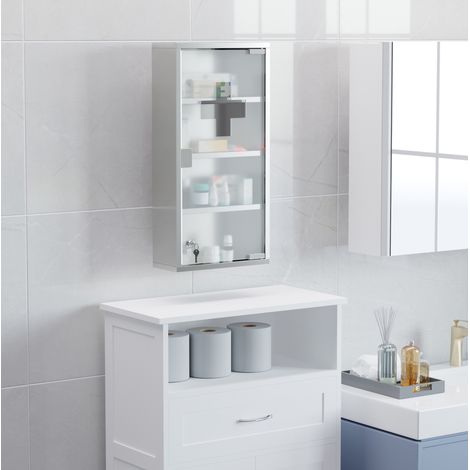 Arzneischrank 30x12x60 cm Silber aus Edelstahl mit satiniertem Sicherheitsglas und abschließbarer Tür (1/5)