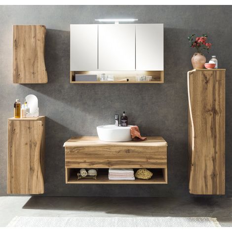 Badezimmer Set in Wotan Eiche Nb. mit Baumkantenoptik KAHLA-03 LED Spiegelschrank und Keramik Waschbecken, B/H/T: 216/200/52 cm (1/5)