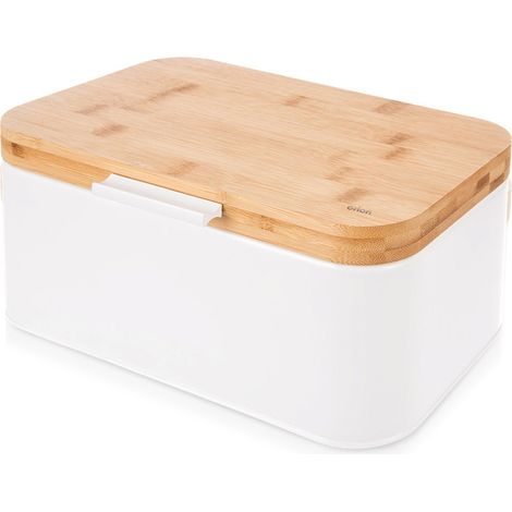 Panera de bambú y metal, color blanco, con tapa, ideal para pan y bollos. (1/5)