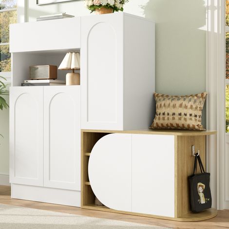 Meuble à chaussures d'entrée à chaussures 130x35x110,5 cm avec banc, 1 tiroir, 5 portes et niche ouverte, MDF blanc et bois (1/5)