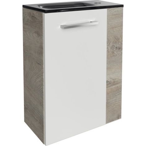 Fackelmann STANFORD SBC Gäste-WC Set 2 Teile – Waschtischunterschrank in Weiß mit Holz Braun mit Waschbecken aus Glas in Anthrazit  – Waschbeckenunterschrank schmal – Türanschlag links – 45 cm breit"- (1/5)