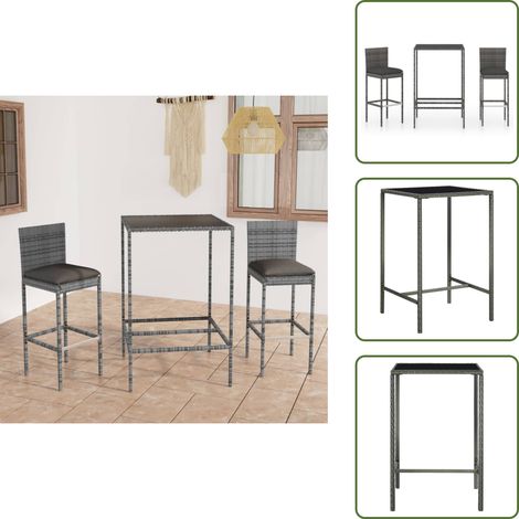 Ensemble de bar de jardin 3 pcs et coussins Résine tressée Gris - Ensemble Salon De Jardin - Mobilier De Jardin - Set De Bar Extérieur - Table Basse Extérieure - Chaises De Jardin (1/5)