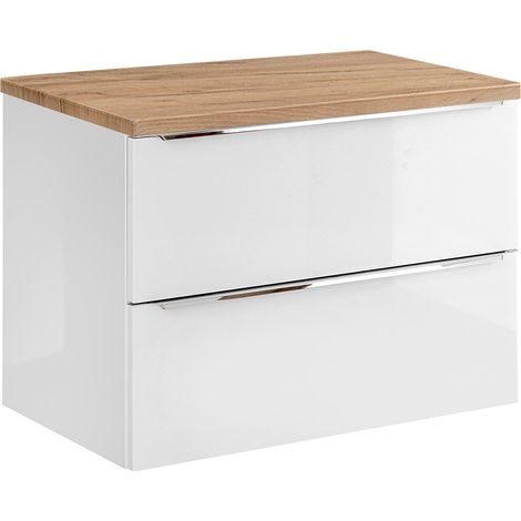 Waschtischunterschrank 81cm mit 2 Auszügen TOSKANA-56 in Hochglanz weiß mit Wotaneiche, B/H/T ca. 81/59,5/46 cm (1/5)