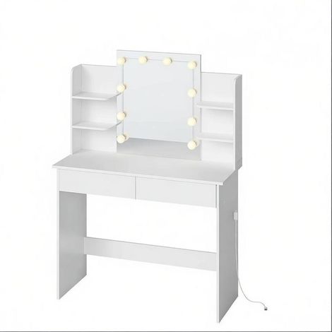 Coiffeuse blanche moderne avec miroir LED 45 x 60 cm, 10 ampoules, 4 étagères, 2 tiroirs et grand plateau 90 x 40 cm, meuble maquillage pour chambre  CHICFURN (1/5)