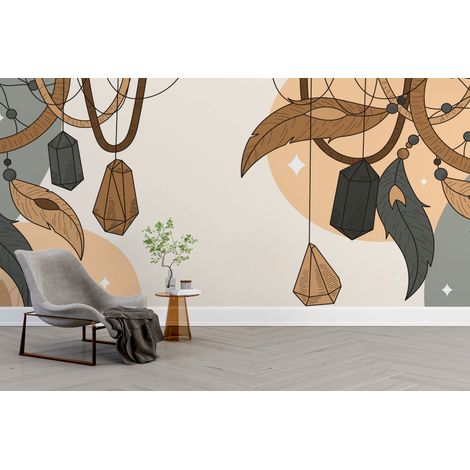 Papier peint boho - grands attrapes-rêves et plumes marron - 500 x 270 cm (1/2)