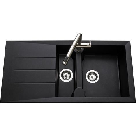 Kümbad – Évier résine noir moucheté 1 bac 1/2 – Évier à encastrer avec égouttoir réversible – Bonde incluse – Dimensions 1000x500mm