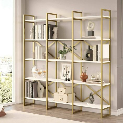 Dmora - Estante para libros Dpezzott, Estante de oficina, Porta libros móvil, Biblioteca, 170x30h175 cm, Blanco y Oro (1/5)