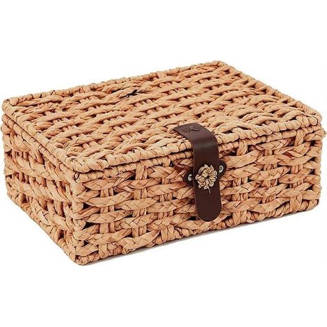 Aufbewahrungskorb aus Weide mit Deckel, rechteckiger Korb aus natürlichem Seegras, dekorative Aufbewahrungsbox für Regale, für Zuhause (kleine Größe). (1/5)