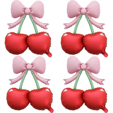 pink balloon decorations with bow and red cherries, "She's the cherry on top", decorations for a red fruit themed birthday party (1/5)
