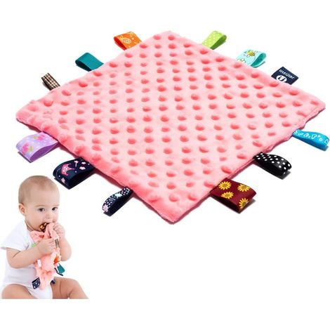 Couvertures de sécurité pour bébés avec étiquettes colorées - Couverture en peluche apaisante pour bébé avec étiquettes colorées, jouet sensoriel carré de 25 x 25 cm, pour bébés garçons et filles de 0 (1/5)