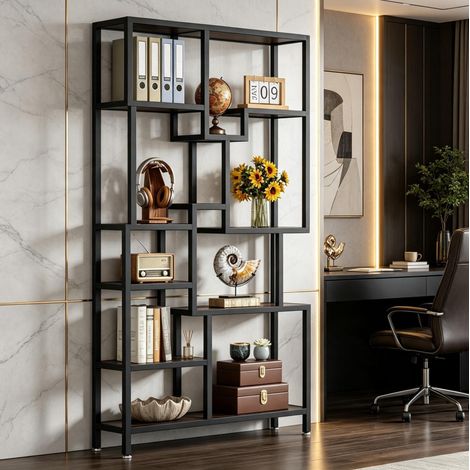 Estantería librería de 7 niveles con compartimentos asimétricos, tablero de partículas y estructura de metal, 100 x 30 x 180 cm, para salón u oficina – CHICFURN (1/5)