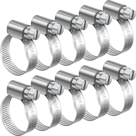 10 Pièces 10-16mm Collier de Serrage Réglable, Collier de Serrage Inox 304 Collier Serrage Métallique pour la Plomberie, Piscine, l'Automobile et les Applications Mécaniques (1/5)
