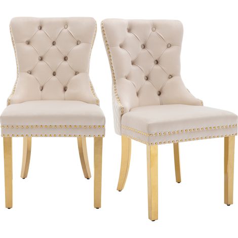 Lot 2 chaises salle à manger velours beige doré dossier décor heurtoir rond clouté, pieds acier inoxydable doré patins ajustables dimensions 50,5×45×95cm cuisine salon déco luxe (1/5)