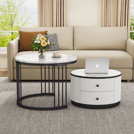 High Gloss Modern Round Nesting Coffee Table with Marble Pattern Top, White & Black Nesting Coffee Table Set of 2 Center Table with Storage Drawers for Living Room (1/5)