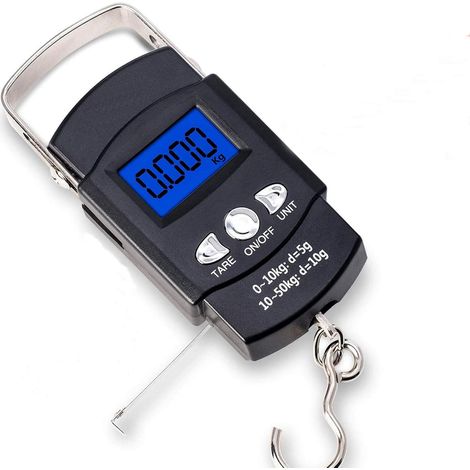 Balance à crochet - 50 kg - Écran LCD rétroéclairé - Précision 5 g (≤10 kg) / 10 g (10 kg) - Fonction mémoire et arrêt automatique - Portable 14,2 x 9,7 x 3,2 cm - 2 piles AAA incluses (1/5)