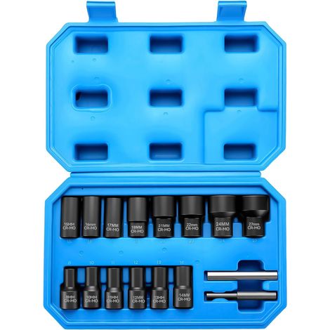 Lot de 16 Extracteur de Vis et Écrous Antivol pour Roues de Voiture – Jeu de Douilles à Extraction Hélicoïdale pour Écrous Abîmés, Striés ou Verrouillés, Compatible 8–27 mm (1/5)
