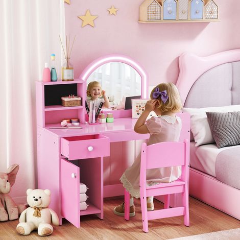 Coiffeuse pour enfants avec tabouret et miroir LED, table de maquillage pour 3 à 8 ans, rose, 88,6 x 38,8 x 96,9 centimètres