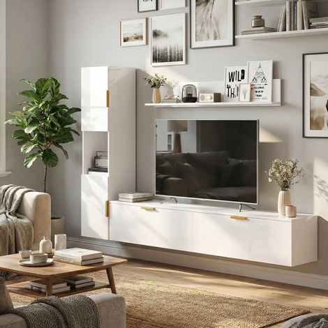Mobile porta TV sospeso con ante a battente, centro di intrattenimento, mensola a muro, armadietto, 180 cm, bianco lucido